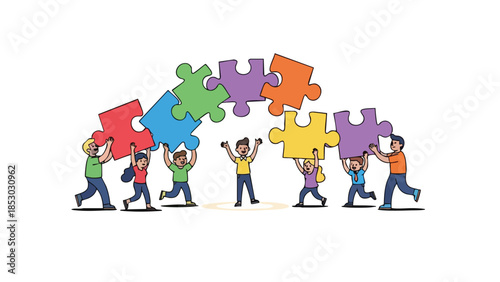 Diverse group of people collaboratively assembling colorful puzzle pieces into a cohesive arch on a white background symbolizing teamwork and