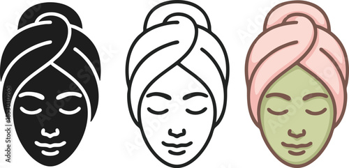 face masks relax icon on white background Black silhouette flat icon outline icon and colored icon style mint green and blush tones three minimal vector icon style