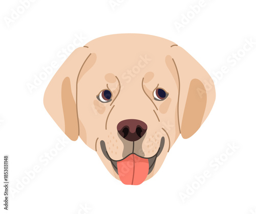 Labrador retriever, cute dog avatar. Canine animal breed, friendly face, muzzle, head portrait with tongue out. Happy adorable purebred puppy. Flat vector illustration isolated on white background.