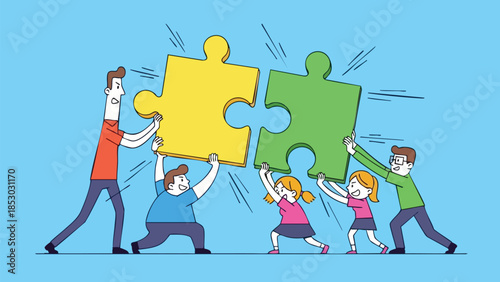 Diverse group of people collaborating to connect puzzle pieces representing teamwork and unity against a simple blue backdrop for conceptual use