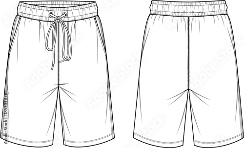 Casual drawstring shorts technical sketch, front and back view, elastic waistband, fashion CAD template, flat vector
