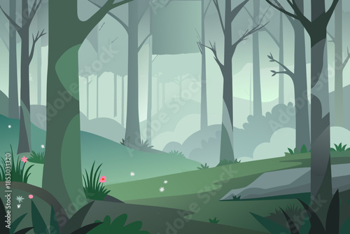 Forest path with pink and white wildflowers and soft mist nature trees