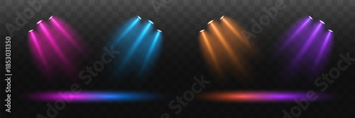 Multicolored stage spotlights on a transparent background
