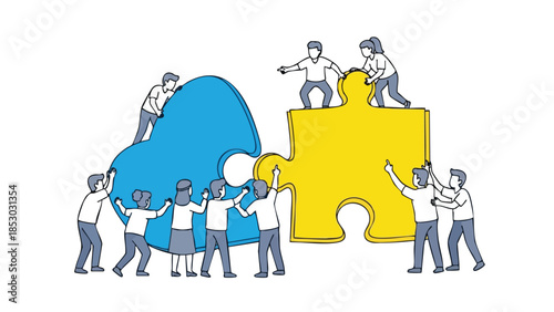 Diverse individuals collaboratively assemble oversized puzzle pieces symbolizing unity and shared objectives in a bright, minimalist graphic