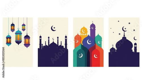 Modern Colorful Ramadan Kareem and Eid Mubarak Vector Banners Set with Lanterns and Mosque Silhouettes