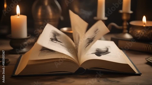 An open book lies on a table surrounded by lit candles and dimly lit room interior