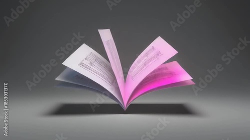 An open book with colorful pages on a gray background indoors.