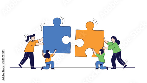 Diverse individuals collaboratively assemble oversized puzzle pieces symbolizing unity and shared objectives on a white backdrop