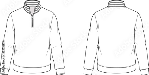 Flat vector half zip sweatshirt template, front and back view, long sleeve men apparel