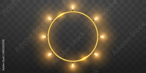 Glowing lamps in a round frame on a transparent background. Glowing round banner.