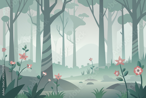 Misty forest clearing with pink wildflowers and a gentle stream nature trees
