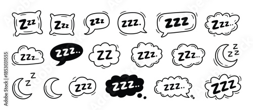 Sleep Zzz Icon Vector Set with Snore Bubble, Cartoon Cloud, and Line Emoji for Dreamy Relaxed Bedtime, Nap, Insomnia, and Bedtime App Design