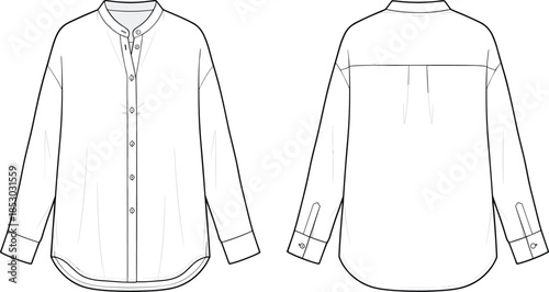 Long sleeve button-up shirt technical sketch, front and back view, fashion CAD template, garment design, flat vector