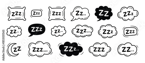 Sleep Zzz Icon Vector Set with Snore Bubble, Cartoon Cloud, and Line Emoji for Dreamy Relaxed Bedtime, Nap, Insomnia, and Bedtime App Design