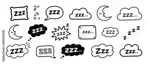 Sleep Zzz Icon Vector Set with Snore Bubble, Cartoon Cloud, and Line Emoji for Dreamy Relaxed Bedtime, Nap, Insomnia, and Bedtime App Design