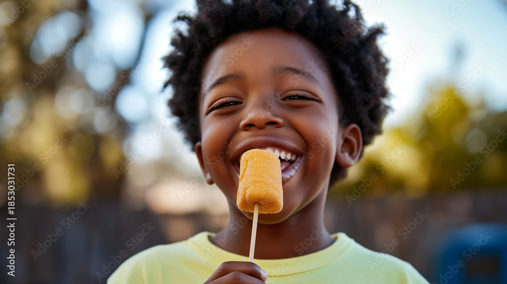 Fototapeta premium Joyful young African American boy enjoys a sweet treat while smiling outdoors on a sunny day
