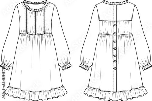Long sleeve ruffled dress technical sketch, pleated bodice, button back, fashion CAD template, flat vector