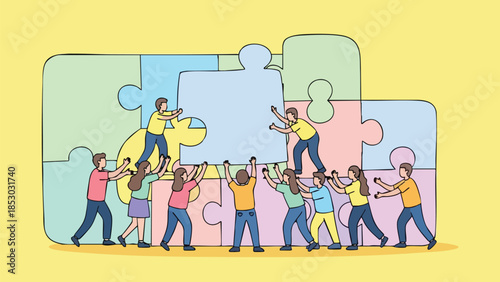 Diverse team collectively assembling a large jigsaw puzzle, symbolizing unity and collaboration