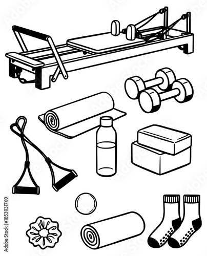 Fitness equipment line icon set for home workout and pilates