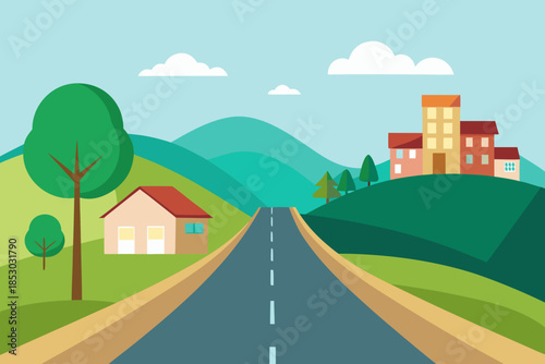 Perspective view of a road leading to houses and buildings on green hills Keywords: flat design, road, perspective, houses, buildings, hills