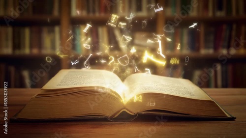 An open book rests on a wooden table in a library with bookshelves.