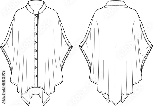 Poncho-style button-down top technical sketch, front and back view, fashion CAD template, garment layout, flat vector