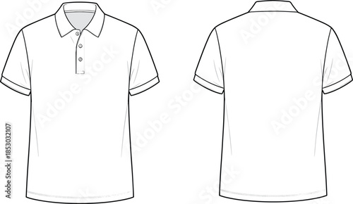 Short sleeve polo shirt technical sketch, front and back view, fashion design template, apparel CAD, flat vector