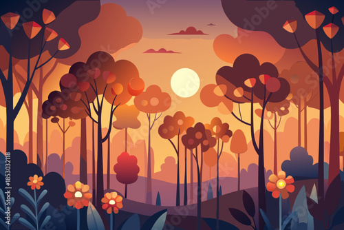 Stylized forest landscape at sunset with orange and purple hues nature trees