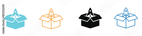 Startup launch icons with rockets emerging from boxes in four colors.
