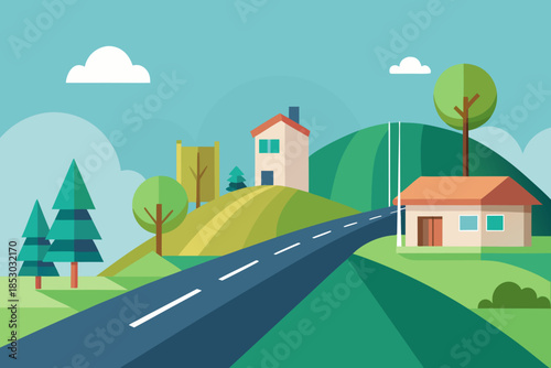 Stylized suburban road with houses and trees on green hills under a blue sky Keywords: flat design, suburban, road, houses, trees, hills, nature