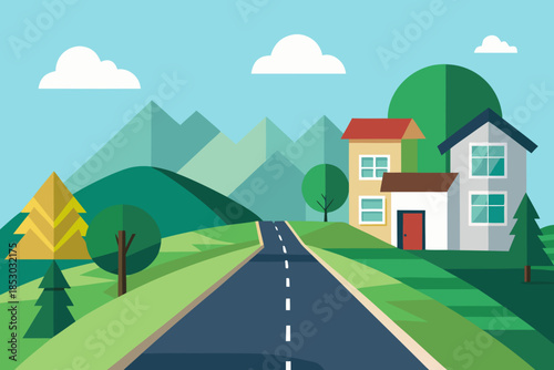 Suburban road leading to houses with colorful trees and mountains flat design