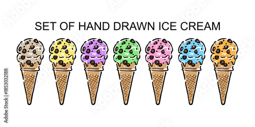 Hand drawn set ice cream scoop with waffle cone, fresh and tasty dessert illustration. Perfect for menu design, cafe branding, packaging, advertising, social media, and food-related creative projects.
