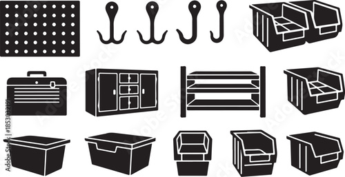 Black icons of storage solutions and organization tools