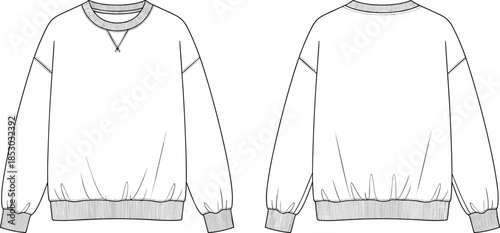 Sweatshirt technical sketch, front and back view, crew neck design, fashion CAD template, garment layout, flat vector