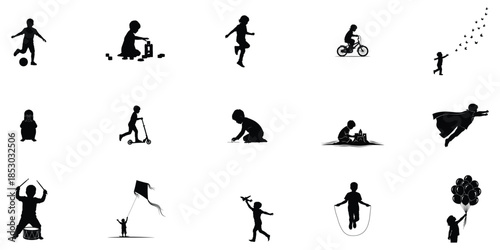 Collection of human silhouettes engaging in various physical activities and sports