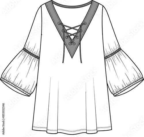 Women’s tunic top technical sketch, lace-up neckline, bell sleeves, fashion CAD template, garment layout, flat vector
