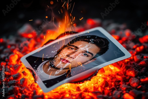 Glossy portrait of a handsome young man melting in intense fire and glowing embers, symbolizing the dramatic end of a relationship or breakup drama