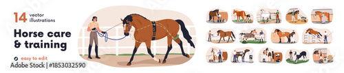 Horse care, treatment and training set. Workers breeding, cleaning, grooming, feeding equine animals. Equestrians with stallions in stables. Flat vector illustrations isolated on white background.