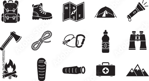 Camping gear and outdoor adventure icons