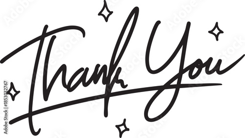 Handwritten "Thank You" script with sparkles doodle illustration. Simple hand-drawn calligraphy for greeting cards, gratitude expression, and social media design.