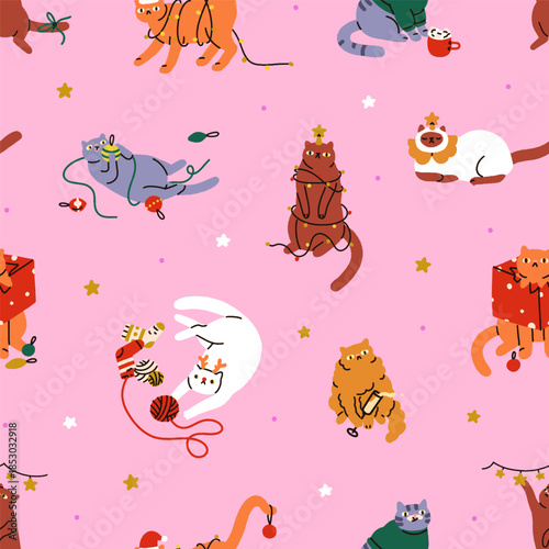 Seamless Christmas cats pattern. Cute funny naughty kitty pets on winter holiday, festive endless background design with playful felines. Flat vector illustration for wrapping paper, textile, fabric.