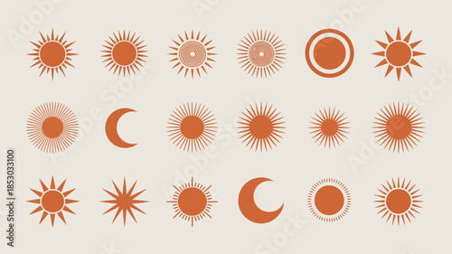 Boho Sun Sunburst Vector Set with Rays, Minimalist Line Icons, Bohemian Sunrise and Sunset, Mystic Retro Tattoo Style Sunshine Logo