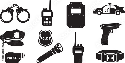 Police equipment and symbols in black silhouette style