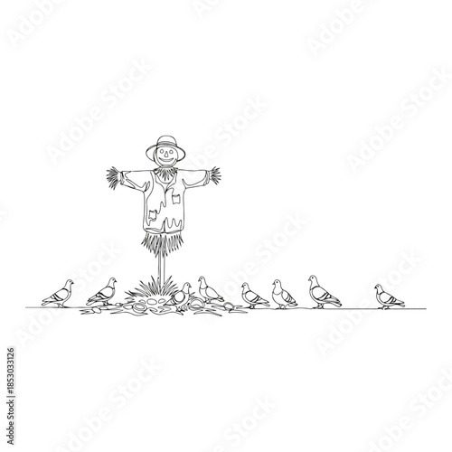 Whimsical scarecrow standing with outstretched arms.