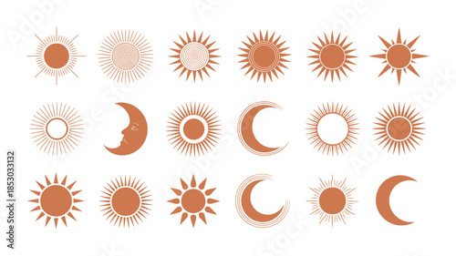 Boho Sun Sunburst Vector Set with Rays, Minimalist Line Icons, Bohemian Sunrise and Sunset, Mystic Retro Tattoo Style Sunshine Logo
