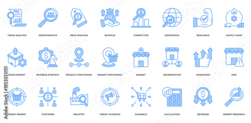 Market Research icon set. Containing trend analysis, demographics, price analysis, competitor, business strategy, customer, budget icon. Lineal blue style