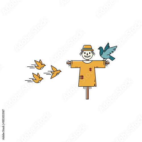 Whimsical yellow scarecrow with outstretched arms.