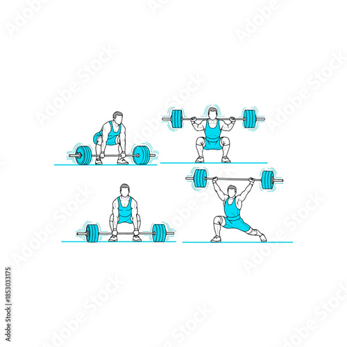 Group of weightlifters performing barbell lifts.