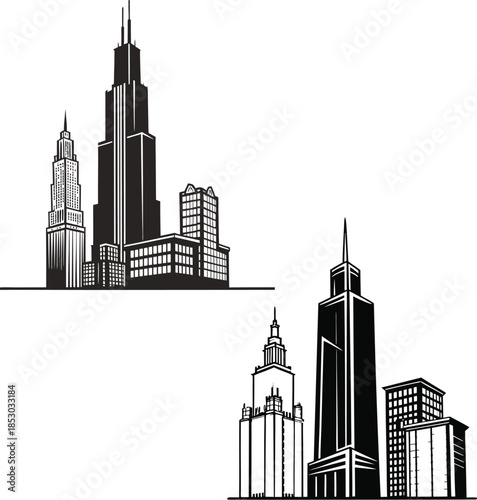minimalist skyscraper silhouettes solid black, city skyline vector illustration.
