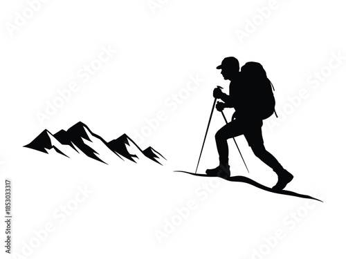 Black silhouette illustration of a hiker with backpack and poles climbing a mountain